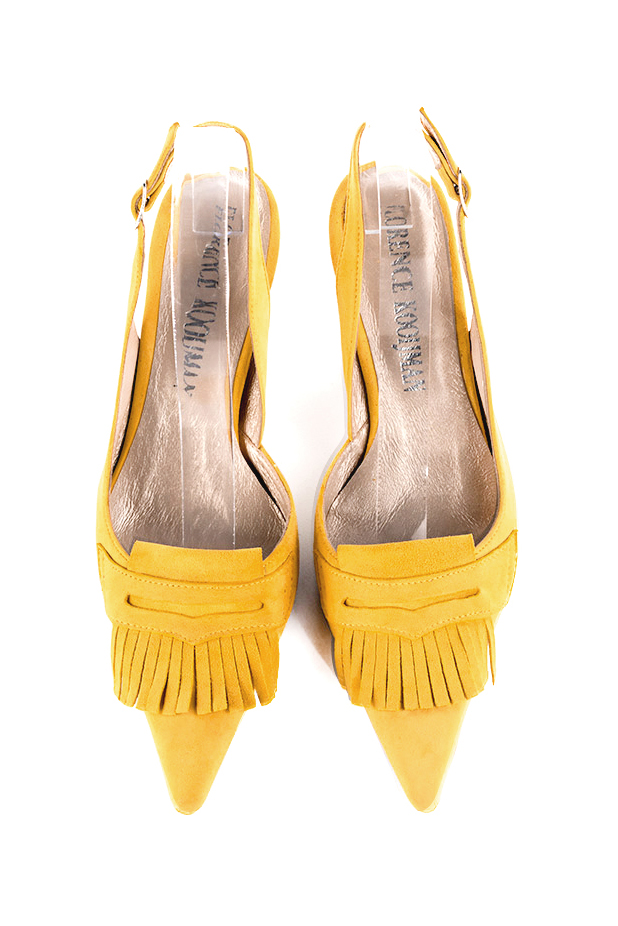 Yellow women's slingback shoes. Pointed toe. Medium spool heels. Top view - Florence KOOIJMAN